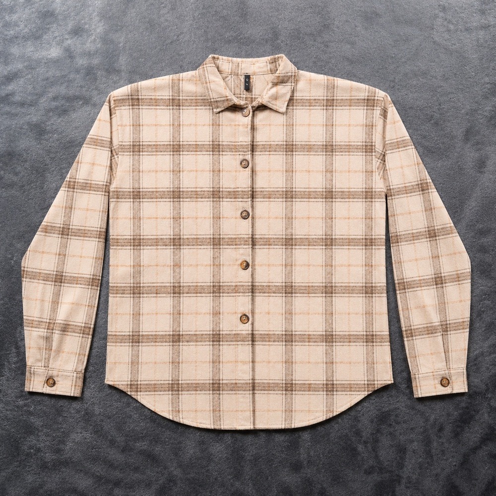 NWOT Zaful Plaid Flannel Shacket Womens M Brown Tan Button Front Long Sleeve